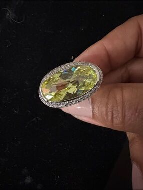 Lemon Citrine Horizontal Oval Cocktail Ring with crystal halo in Silver Setting